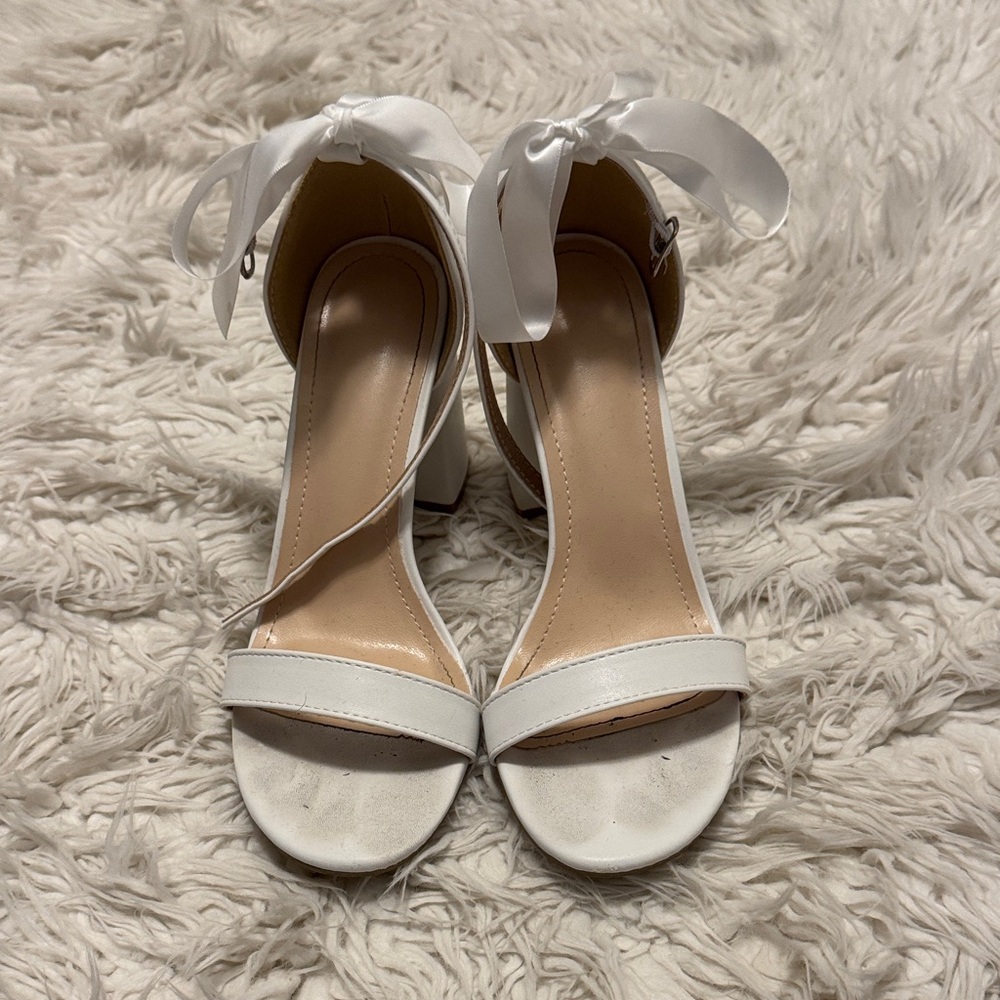Classic White Satin Ankle-Tie Block Heels